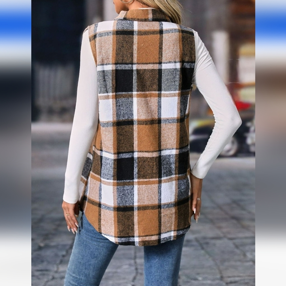 Precious Plaid Sleeveless Shirt/Vest/Shacket In Tan/Black/White - Picture 8 of 12